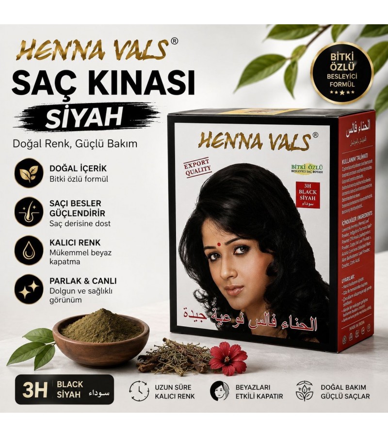 Henna Vals Siyah Saç Kınası – Bitki Özlü Saç Boyası, Siyah Renk Saç Renklendirici, Evde Pratik Kullanım İçin 1 Kutu Henna Vals Siyah Saç Kınası – Bitki Özlü Saç Boyası, Siyah Renk Saç Renklendirici, Evde Pratik Kullanım İçin 1 Kutu