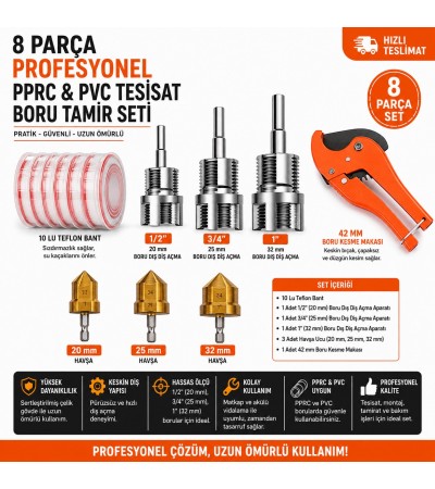 8 Parça Profesyonel PPRC & PVC Tesisat Boru Tamir Seti – Diş Açma, Havşa ve Boru Kesme Seti