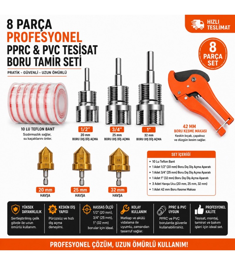 8 Parça Profesyonel PPRC & PVC Tesisat Boru Tamir Seti – Diş Açma, Havşa ve Boru Kesme Seti