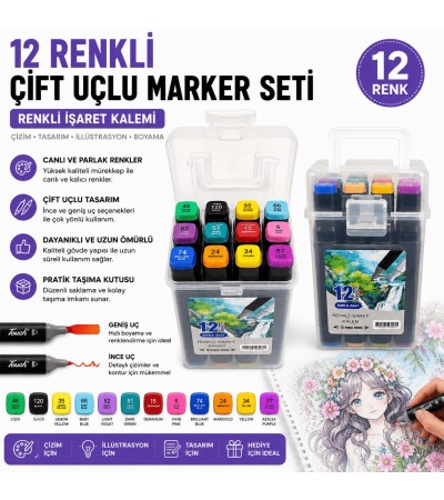 12 Renk Çift Uçlu Marker Kalem Seti – Taşıma Kutulu Profesyonel Renkli İşaret Kalemi 12 Renk Çift Uçlu Marker Kalem Seti – Taşıma Kutulu Profesyonel Renkli İşaret Kalemi