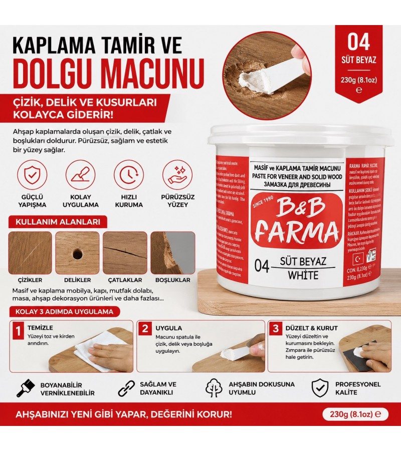 B&B Farma Kaplama Tamir ve Dolgu Macunu 230 Gr | Süt Beyaz Ahşap Tamir Macunu | Çizik, Delik ve Çatlak Onarıcı B&B Farma Kaplama Tamir ve Dolgu Macunu 230 Gr | Süt Beyaz Ahşap Tamir Macunu | Çizik, Delik ve Çatlak Onarıcı