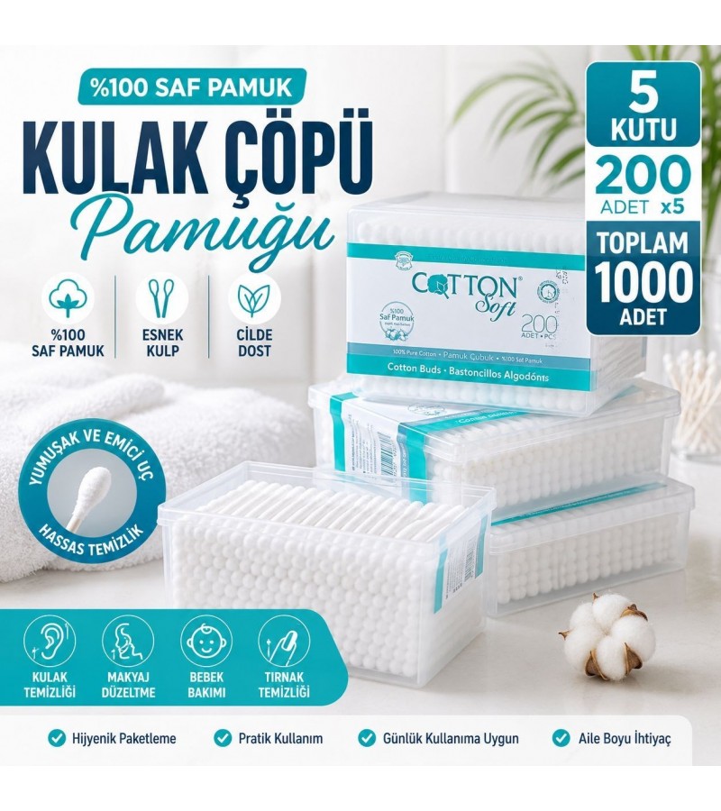 5 Kutu 1000 Adet Pamuklu Çubuk – 200’lü Hijyenik Kutulu Kulak Temizleme Pamuğu, Yumuşak Uçlu Çok Amaçlı Bakım ve Makyaj Çubuğu 5 Kutu 1000 Adet Pamuklu Çubuk – 200’lü Hijyenik Kutulu Kulak Temizleme Pamuğu, Yumuşak Uçlu Çok Amaçlı Bakım ve Makyaj Çubuğu