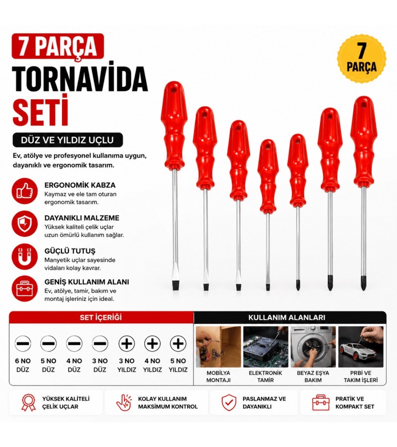 7 Parça Düz ve Yıldız Tornavida Seti | Ergonomik Saplı Profesyonel Tornavida Takımı 7 Parça Düz ve Yıldız Tornavida Seti | Ergonomik Saplı Profesyonel Tornavida Takımı