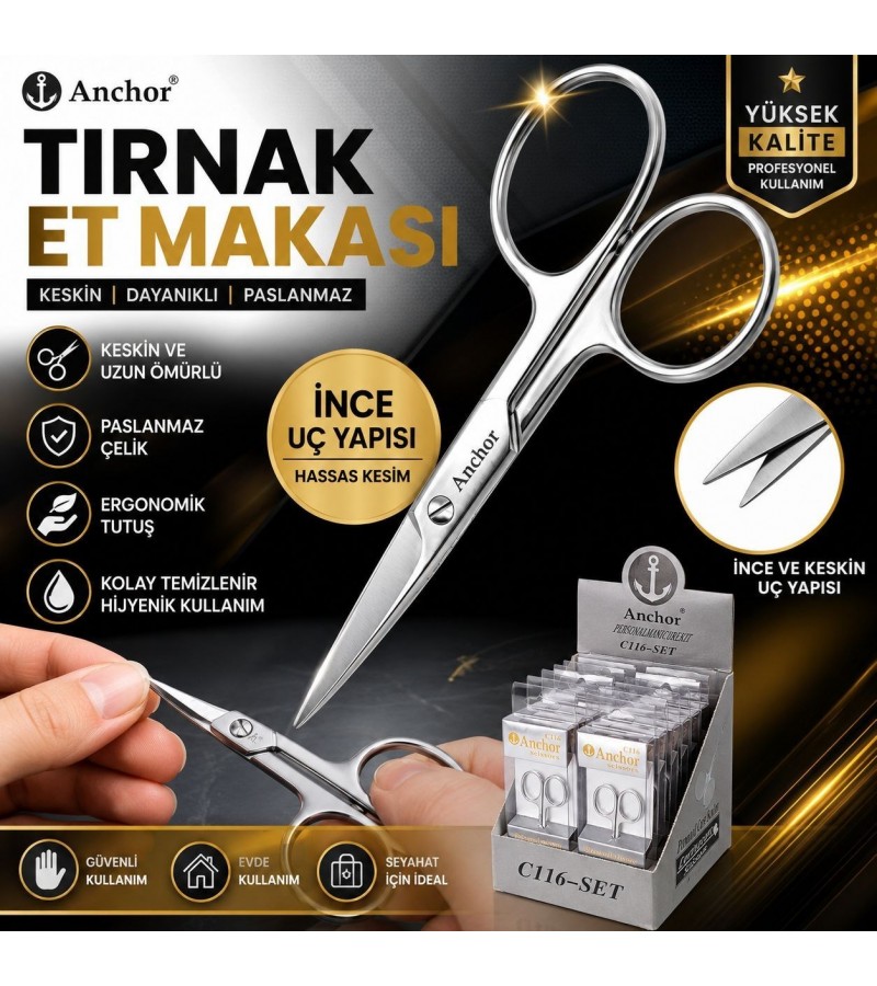 Anchor Tırnak Et Makası – İnce Uçlu Manikür Makası, Paslanmaz Çelik Hassas Kesim Tırnak ve Kütikül Bakım Makası, El Ayak Bakımı İçin