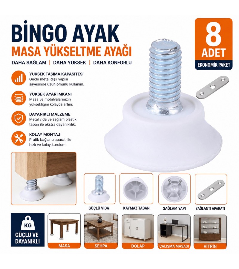 Bingo Ayak Masa Yükseltme Ayağı 8 Adet | Ayarlanabilir Mobilya Yükseltici Ayak | Vidalı Plastik Ayak Bingo Ayak Masa Yükseltme Ayağı 8 Adet | Ayarlanabilir Mobilya Yükseltici Ayak | Vidalı Plastik Ayak