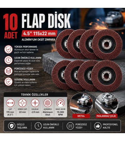 10 Adet Profesyonel Flap Disk Seti, 115mm Zımpara Taşı, Kaynak Temizleme ve Metal Yüzey İşleme Diski 10 Adet Profesyonel Flap Disk Seti, 115mm Zımpara Taşı, Kaynak Temizleme ve Metal Yüzey İşleme Diski