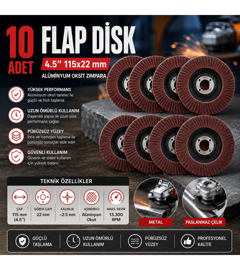 10 Adet Profesyonel Flap Disk Seti, 115mm Zımpara Taşı, Kaynak Temizleme ve Metal Yüzey İşleme Diski