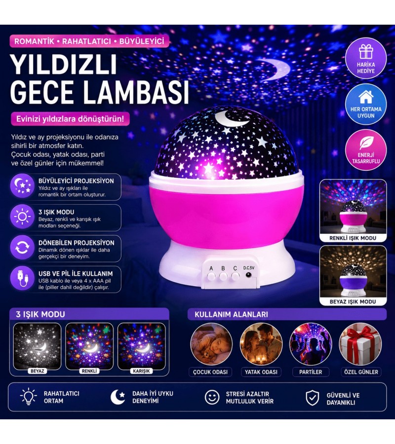 Yıldızlı Gece Lambası Ay ve Yıldız Projeksiyonlu 3 Işık Modlu Dekoratif Gece Lambası
