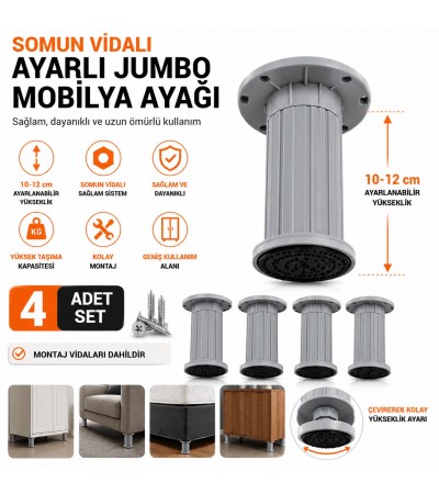 4 Adet Somun Vidalı Ayarlı Jumbo Mobilya Ayağı 10–12 cm | Dayanıklı Mobilya Destek Ayağı GRİ RENK