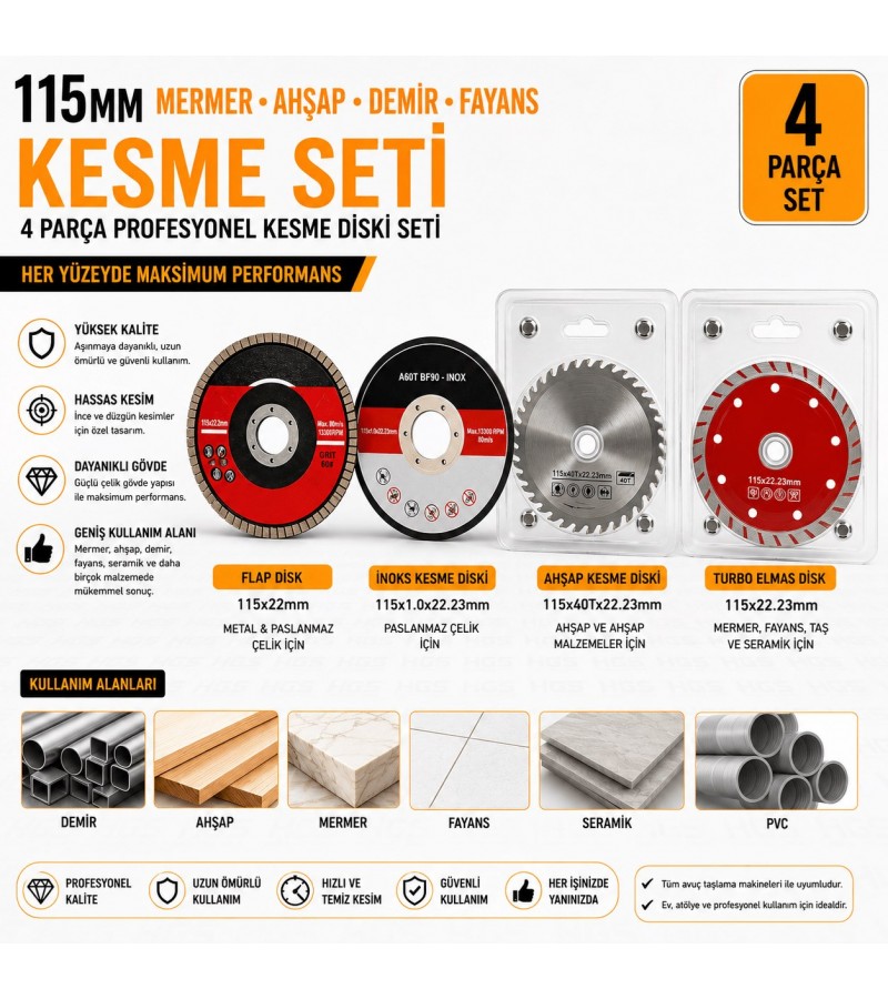 115 MM MERMER AHŞAP DEMİR FAYANS KESME SETİ 4 PCS