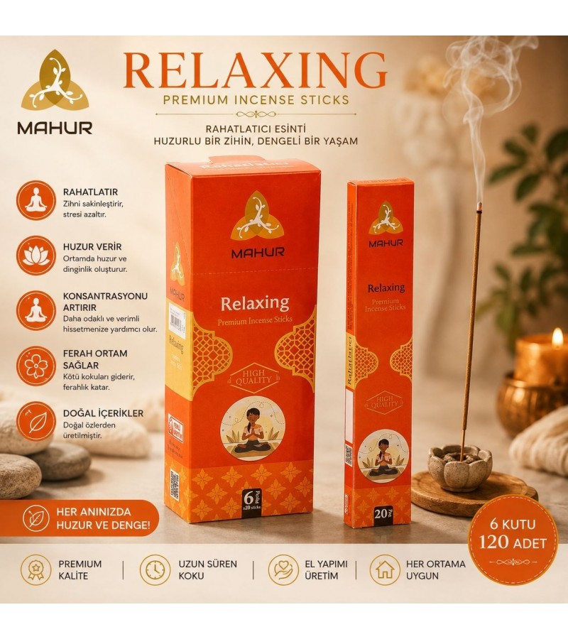 Mahur Relaxing Rahatlatıcı Çubuk Tütsü 120 Adet – 6 Kutu x 20 Adet, Premium Kokulu Tütsü, Ev Ofis Yoga ve Meditasyon İçin Ortam Kokusu Mahur Relaxing Rahatlatıcı Çubuk Tütsü 120 Adet – 6 Kutu x 20 Adet, Premium Kokulu Tütsü, Ev Ofis Yoga ve Meditasyon İçin Ortam Kokusu