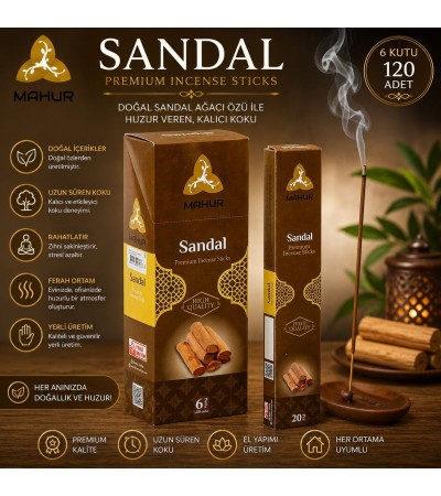 Mahur Sandal Tütsü 120 Adet – 6 Kutu x 20 Çubuk, Sandal Ağacı Kokulu Premium Çubuk Tütsü, Ev Ofis Yoga ve Meditasyon İçin Ortam Kokusu