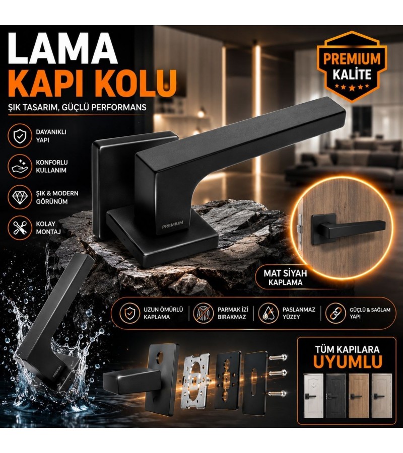 Lama Premium Siyah Kapı Kolu | Modern Mat Siyah Oda Kapısı Kolu | Dayanıklı İç Kapı Kolu