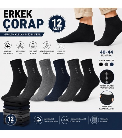 12 Çift Erkek Klasik Çorap, Pamuklu Günlük Çorap, Nefes Alabilen Yumuşak ve Dayanıklı,