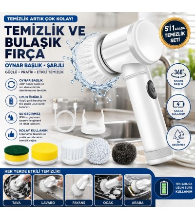 Şarjlı Elektrikli Temizlik ve Bulaşık Fırçası 5 Başlıklı – 360° Oynar Başlık, Çok Amaçlı Mutfak Banyo Fayans Lavabo Temizleme Fırçası