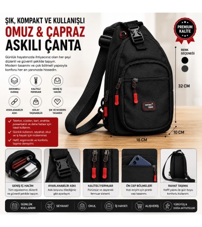 Erkek Omuz ve Çapraz Askılı Çanta – Çok Bölmeli, Suya Dayanıklı, Günlük Kullanım Sırt Çantası