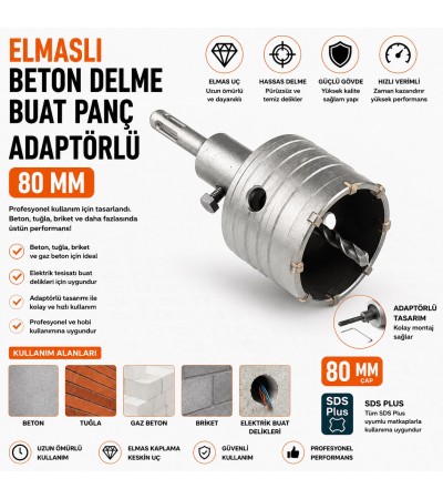 Elmaslı Beton Delme Buat Panç Adaptörlü -80 MM