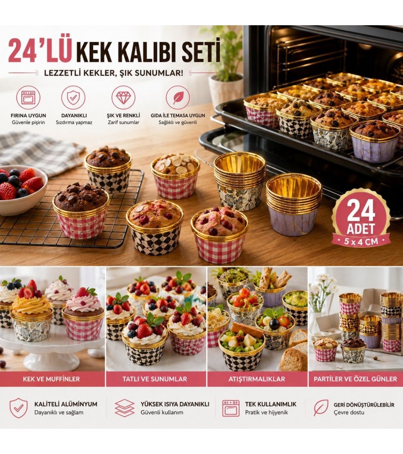 24’lü Yuvarlak Kek Kalıbı Seti 5x4 cm – Renkli Desenli Tek Kullanımlık Pişirme Kabı, Muffin, Cupcake, Kek ve Tatlı İçin Fırına Uygun Sunum Kalıbı 24’lü Yuvarlak Kek Kalıbı Seti 5x4 cm – Renkli Desenli Tek Kullanımlık Pişirme Kabı, Muffin, Cupcake, Kek ve Tatlı İçin Fırına Uygun Sunum Kalıbı