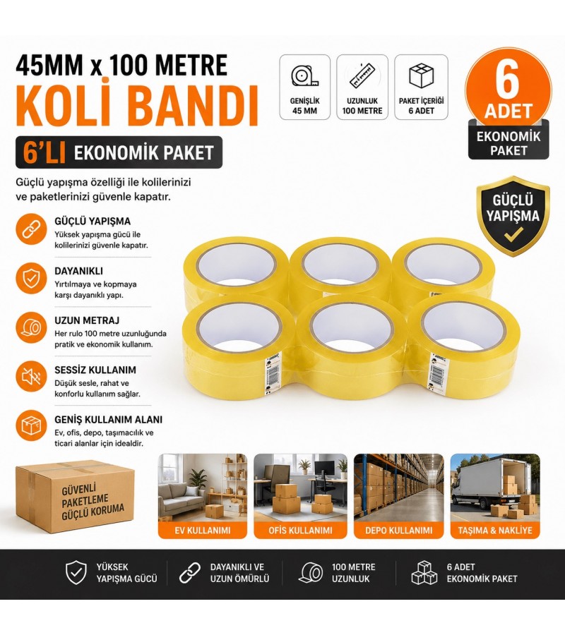 45 mm x 100 Metre Koli Bandı Şeffaf – 6'lı Ekonomik Paket Güçlü Yapışkanlı Ambalaj Bandı 45 mm x 100 Metre Koli Bandı Şeffaf – 6'lı Ekonomik Paket Güçlü Yapışkanlı Ambalaj Bandı