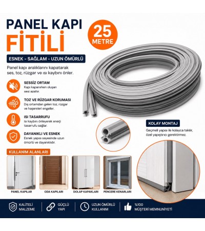 25 Metre Panel Kapı Fitili | Ses, Toz ve Rüzgar Önleyici Kapı Contası | Gri Kapı Fitili