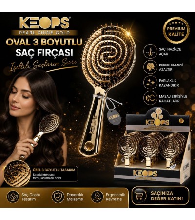 KEOPS Pearl Shine Gold 3 Boyutlu Oval Saç Fırçası – Esnek Spiral Tasarım, Ergonomik Saplı Saç Açma ve Tarama Fırçası, 1 Adet