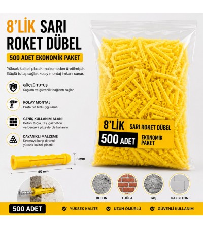 8'lik Sarı Roket Dübel 500 Adet | Güçlü Plastik Duvar Dübeli | Beton, Tuğla ve Gazbeton İçin
