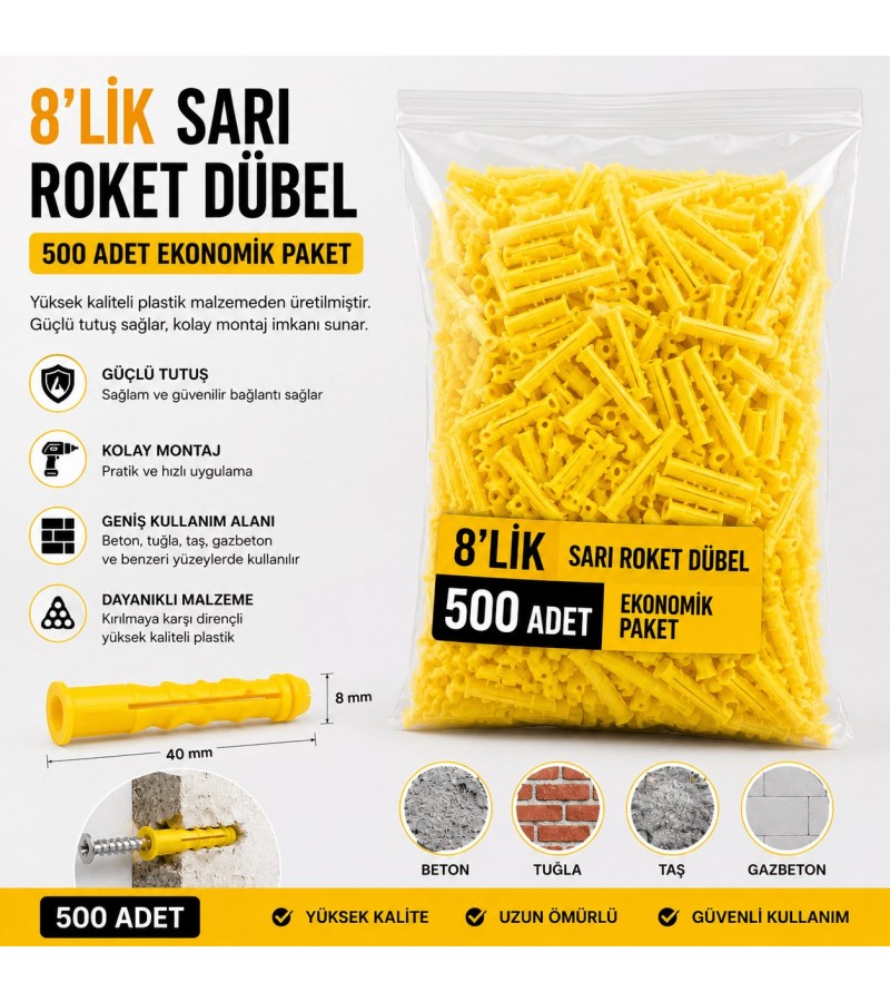 8'lik Sarı Roket Dübel 500 Adet | Güçlü Plastik Duvar Dübeli | Beton, Tuğla ve Gazbeton İçin