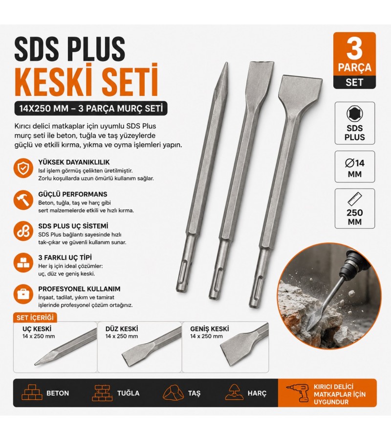 SDS Plus Keski Murç Seti 14×250 mm | 3 Parça Profesyonel Kırıcı Delici Keski Seti