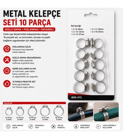 10 Parça Metal Hortum Kelepçe Seti | Paslanmaz Çelik Kelepçe Çeşitleri 10 Parça Metal Hortum Kelepçe Seti | Paslanmaz Çelik Kelepçe Çeşitleri