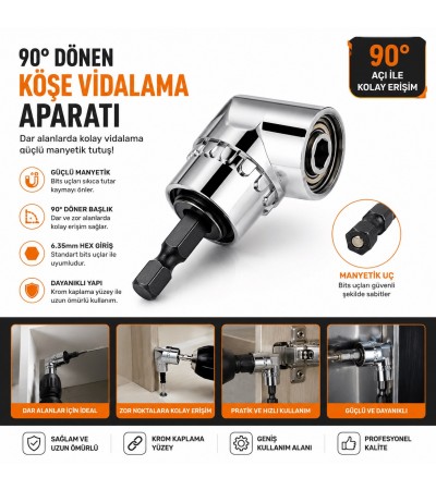 90° Köşe Vidalama Adaptörü – Manyetik Uç Tutuculu Dar Alan Vida Aparatı