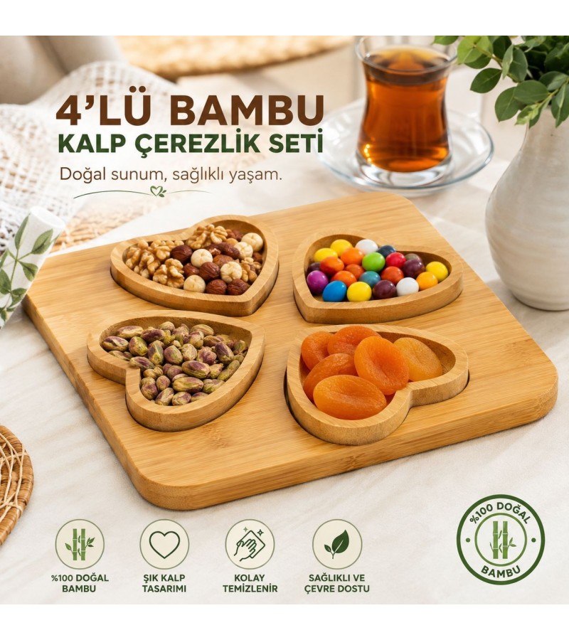 4’lü Bambu Kalpli Çerezlik Seti – Ahşap Sunum Tepsili 4 Bölmeli Atıştırmalık, Kuruyemiş, Çerez, Şekerleme ve İkramlık Servis Tabağı 4’lü Bambu Kalpli Çerezlik Seti – Ahşap Sunum Tepsili 4 Bölmeli Atıştırmalık, Kuruyemiş, Çerez, Şekerleme ve İkramlık Servis Tabağı