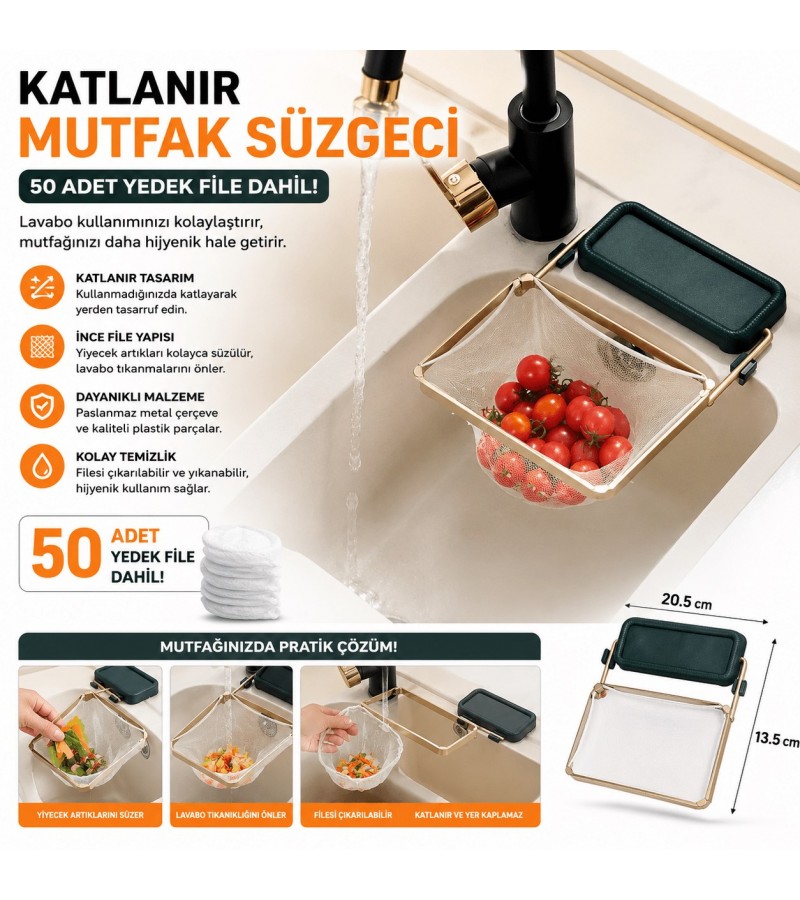 Katlanır Mutfak Lavabo Süzgeci | 50 Adet Yedek File Dahil | Pratik Gider Süzgeci Katlanır Mutfak Lavabo Süzgeci | 50 Adet Yedek File Dahil | Pratik Gider Süzgeci