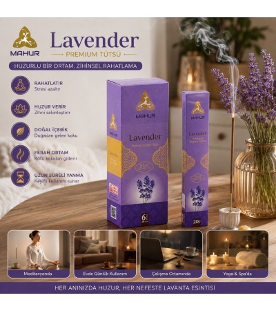 Mahur Lavender Lavanta Kokulu Premium Çubuk Tütsü 120 Adet – 6 Kutu x 20 Çubuk, Ev, Ofis, Yoga, Meditasyon ve Spa Kullanımı İçin Hoş Kokulu Ortam Tüts Mahur Lavender Lavanta Kokulu Premium Çubuk Tütsü 120 Adet – 6 Kutu x 20 Çubuk, Ev, Ofis, Yoga, Meditasyon ve Spa Kullanımı İçin Hoş Kokulu Ortam Tüts