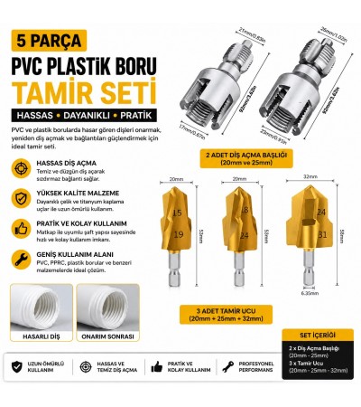 5 Parça PVC Plastik Boru Tamir Seti | 20-25-32 mm İç Dış Diş Açma ve Boru Onarım Matkap Ucu Seti