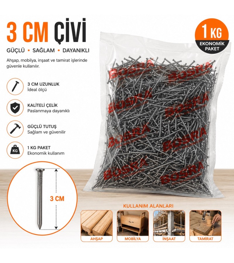1 KG 3 CM Çivi | Dayanıklı Çelik İnşaat ve Ahşap Çivisi | Çok Amaçlı Kullanım