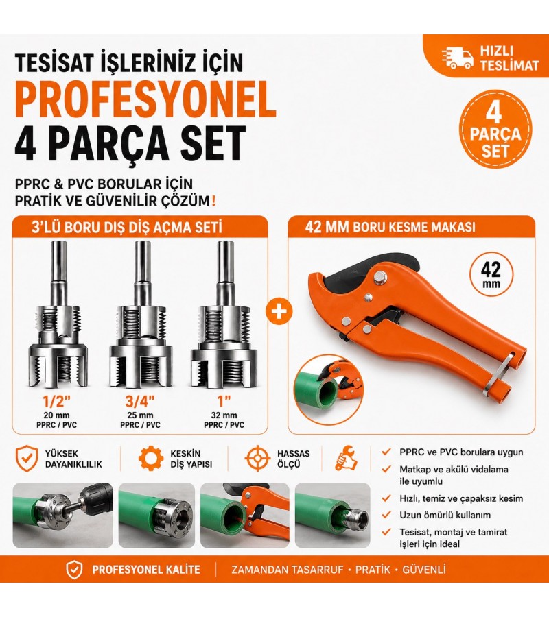 PPRC & PVC Plastik Boru Diş Açma Seti + 42 mm Plastik Boru Kesme Makası – 4 Parça Profesyonel Tesisat Seti