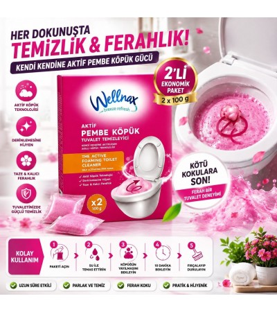 2’li Aktif Pembe Köpük Tuvalet Temizleyici 2x100 gr – Köpüren Klozet Temizlik Tozu, Pratik Kullanım ve Ferah Koku