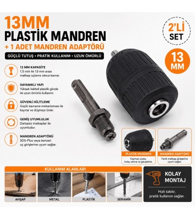 13 mm Plastik Mandren + SDS Plus Mandren Adaptörü | Darbeli Matkap Uyumlu 2'li Set