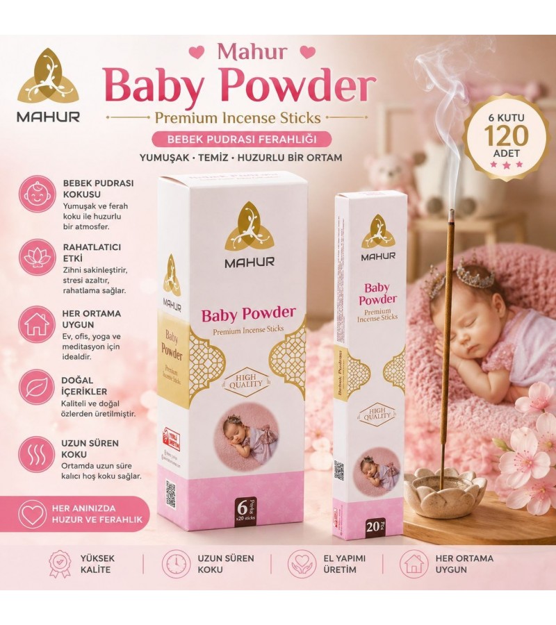 Mahur Baby Powder Bebek Pudrası Kokulu Tütsü 120 Adet – 6 Kutu x 20 Çubuk, Premium Çubuk Tütsü, Ev ve Ortam Kokulandırma İçin