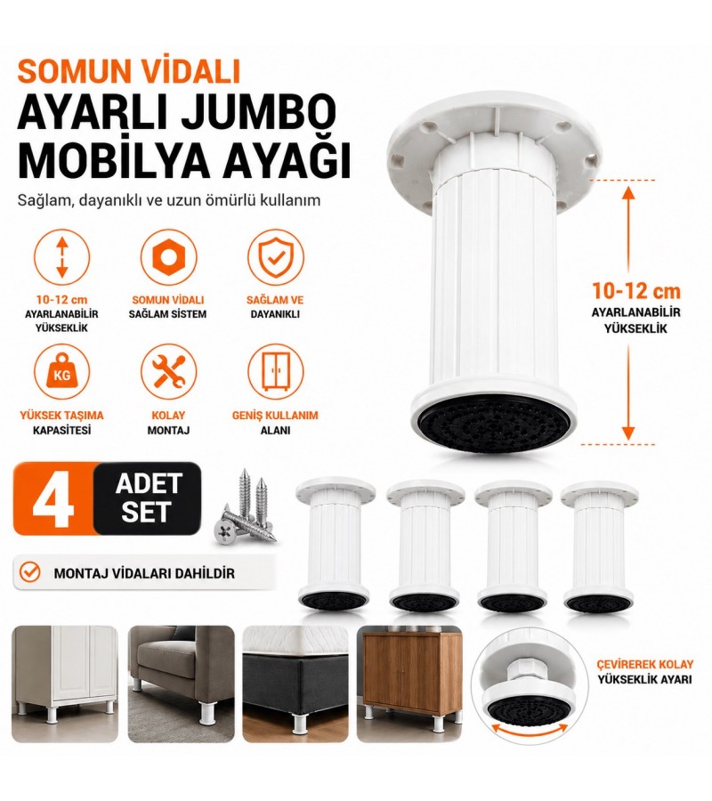 4 Adet Somun Vidalı Ayarlı Jumbo Mobilya Ayağı 10–12 cm | Dayanıklı Mobilya Destek Ayağı BEYAZ RENK 4 Adet Somun Vidalı Ayarlı Jumbo Mobilya Ayağı 10–12 cm | Dayanıklı Mobilya Destek Ayağı BEYAZ RENK