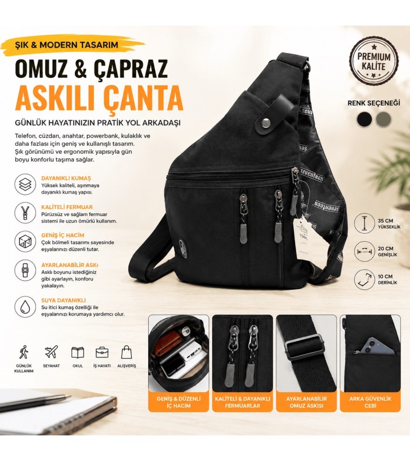 Suya Dayanıklı Omuz ve Çapraz Askılı Günlük Sırt Çantası – Geniş İç Hacimli, Çok Bölmeli Unisex Tasarım
