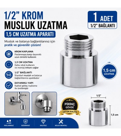 1/2" Krom Musluk Uzatma 1.5 cm – Pirinç Krom Kaplama Musluk Bağlantı Uzatma Aparatı (1 Adet) 1/2" Krom Musluk Uzatma 1.5 cm – Pirinç Krom Kaplama Musluk Bağlantı Uzatma Aparatı (1 Adet)