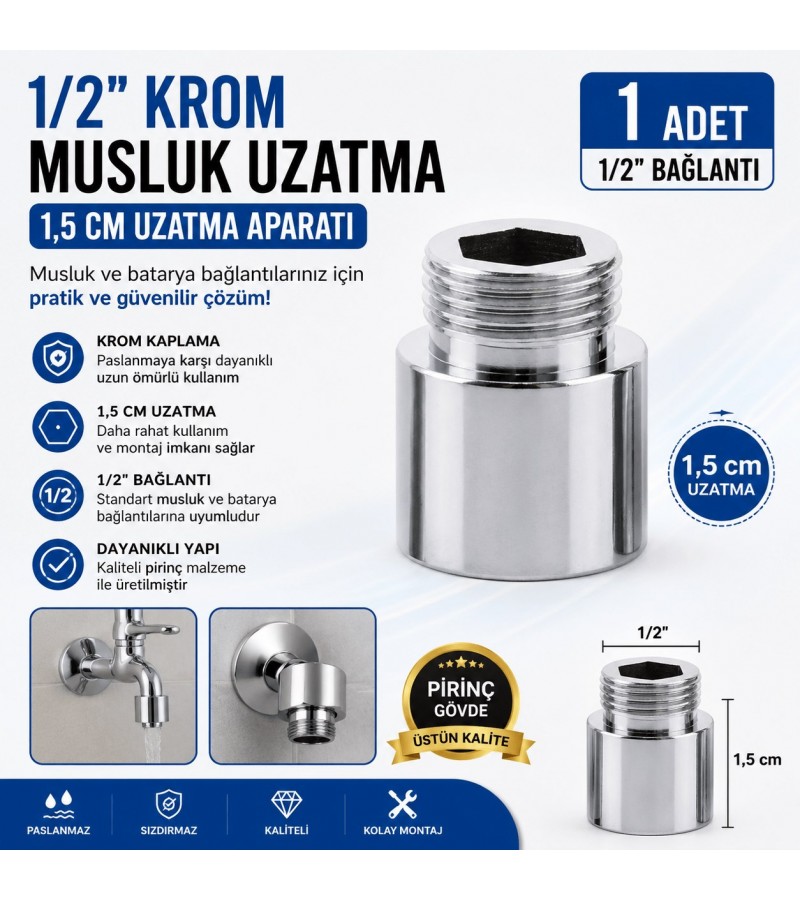 1/2" Krom Musluk Uzatma 1.5 cm – Pirinç Krom Kaplama Musluk Bağlantı Uzatma Aparatı (1 Adet)