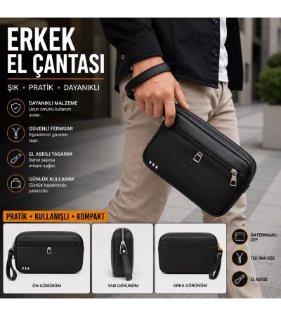 Erkek El Çantası, Tek Gözlü Fermuarlı Organizer Çanta, Suni Deri El Askılı Günlük Taşıma Çantası, Ön Fermuarlı Cepli, Seyahat ve Günlük Kullanım İçin,