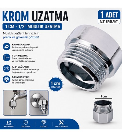 1/2" Krom Musluk Uzatma 1 cm – Pirinç Krom Kaplama Musluk Bağlantı Uzatma Aparatı (1 Adet) 1/2" Krom Musluk Uzatma 1 cm – Pirinç Krom Kaplama Musluk Bağlantı Uzatma Aparatı (1 Adet)