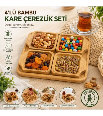 4’lü Bambu Kare Çerezlik Seti – Ahşap Sunum Tepsili 4 Bölmeli Atıştırmalık, Kuruyemiş, Çerez, Şekerleme ve İkramlık Servis Tabağı 4’lü Bambu Kare Çerezlik Seti – Ahşap Sunum Tepsili 4 Bölmeli Atıştırmalık, Kuruyemiş, Çerez, Şekerleme ve İkramlık Servis Tabağı