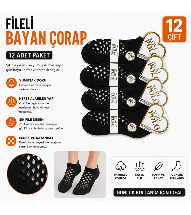 12 Çift Fileli Bayan Babet Çorap | Nefes Alan Esnek Günlük Çorap – Siyah 12 Çift Fileli Bayan Babet Çorap | Nefes Alan Esnek Günlük Çorap – Siyah