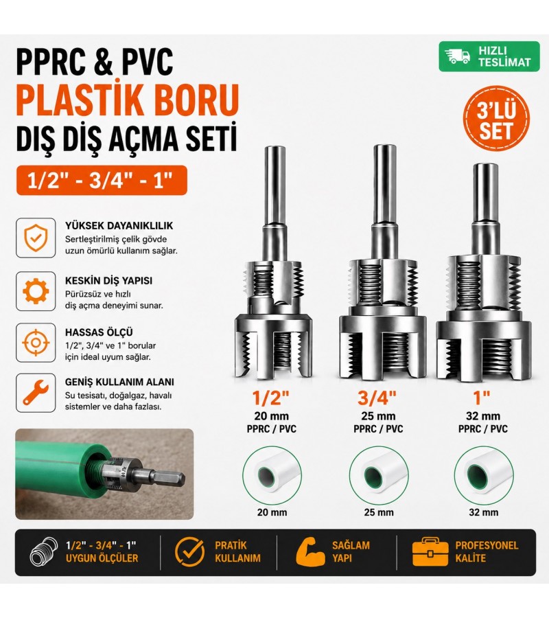 PPRC & PVC Plastik Boru Dış Diş Açma Seti – 3'lü Profesyonel Set (1/2" – 3/4" – 1") PPRC & PVC Plastik Boru Dış Diş Açma Seti – 3'lü Profesyonel Set (1/2" – 3/4" – 1")