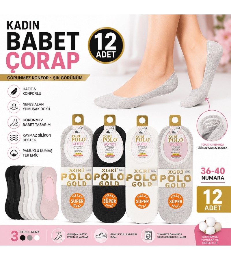 12 Çift Kadın Görünmez Babet Çorap, Pamuklu Günlük Ayakkabı Çorabı, 36-40 Numara