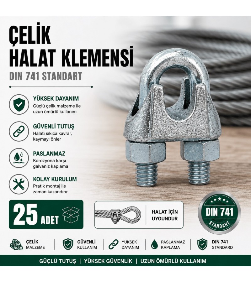 25 Adet Galvanizli Çelik Halat Klemensi, DIN 741 Tel Halat Sabitleme ve Birleştirme Kelepçesi, Dayanıklı Halat Bağlantı Aparatı 25 Adet Galvanizli Çelik Halat Klemensi, DIN 741 Tel Halat Sabitleme ve Birleştirme Kelepçesi, Dayanıklı Halat Bağlantı Aparatı